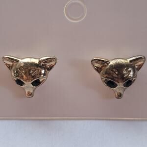 Gold Fox Stud Earrings Black Rhinestone Eyes Animal Jewelry Cute Gift Vintage